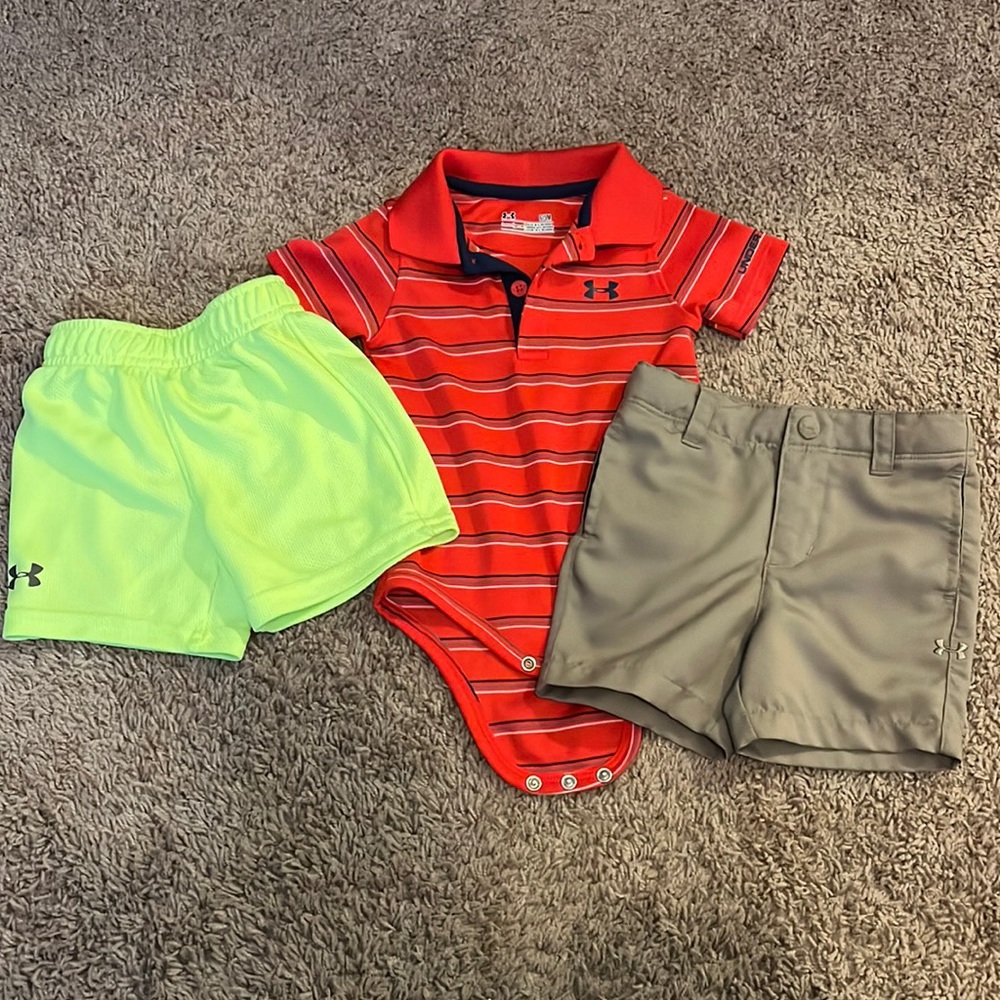 Under Armour Baby Boy polo onies, khaki shorts and mesh shorts. 6-8 months